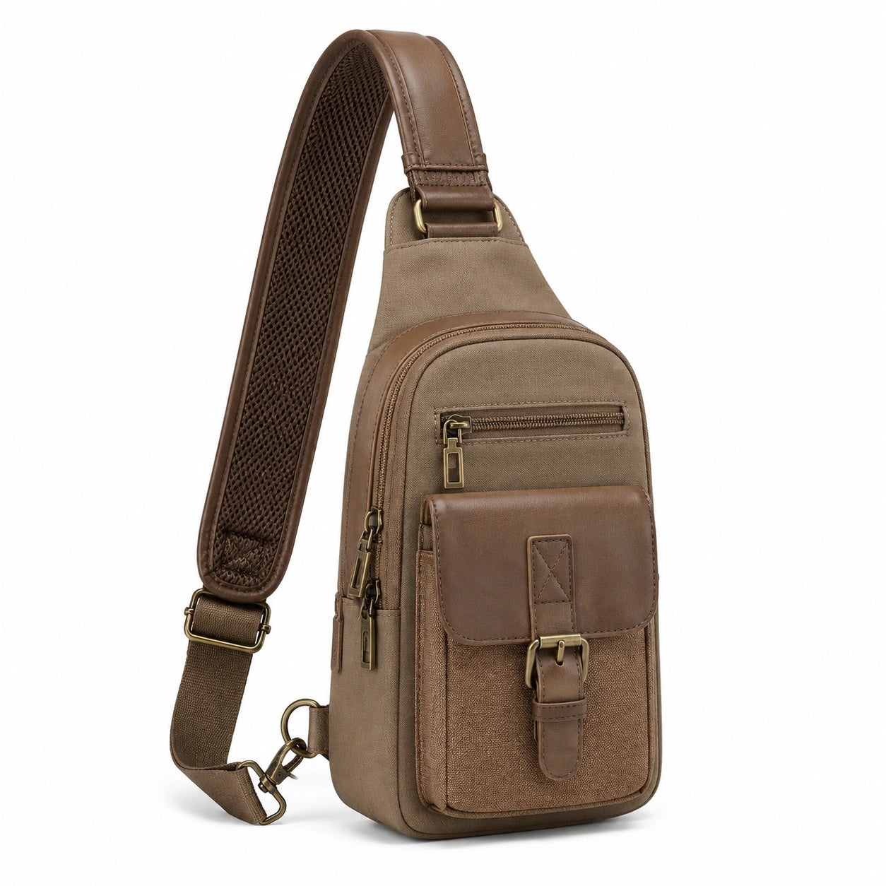 Borsa a tracolla 18 × 8 × 32 cm in tessuto e similpelle marrone con tasche multiple per uso quotidiano