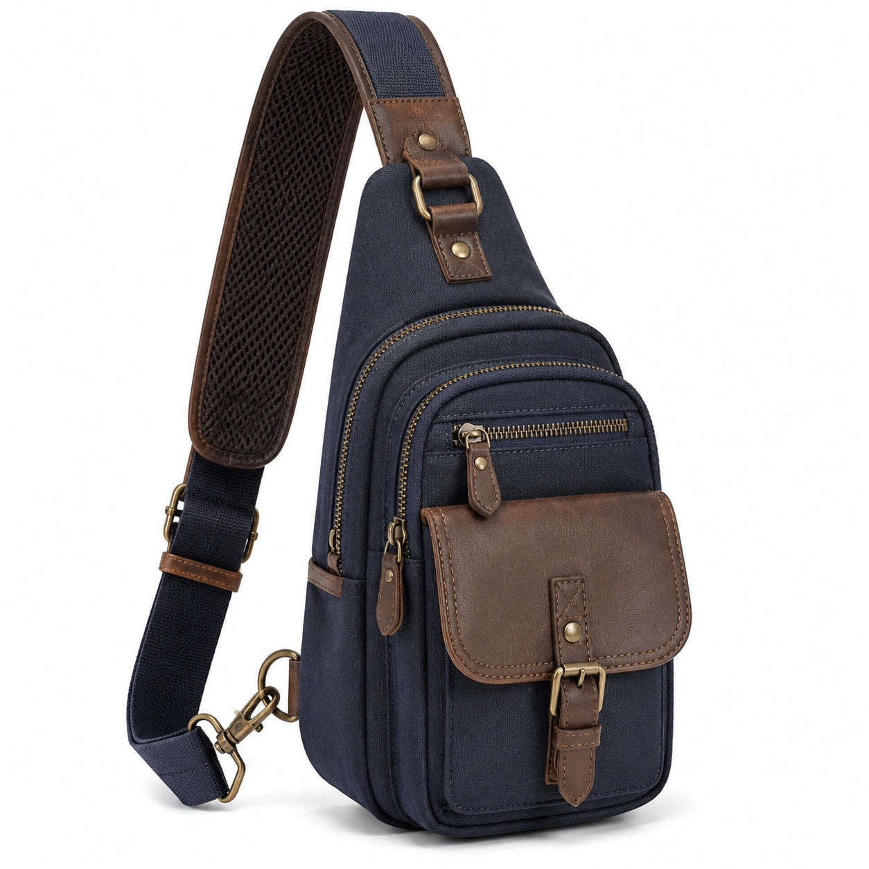 Borsa a tracolla 18 x 8 x 32 cm in tessuto blu navy con finiture marroni multitasche