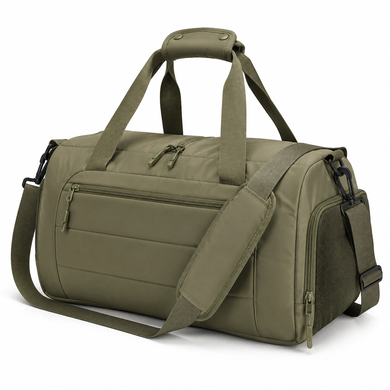 Borsone da viaggio 48×25×28 cm in tessuto sintetico verde oliva con tasche e tracolla regolabile