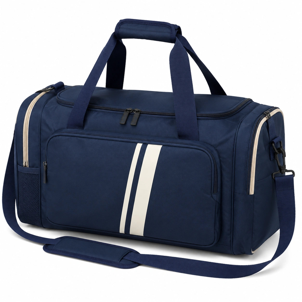 Borsone sportivo 50 x 25 x 30 cm in tessuto sintetico blu navy e bianco con tracolla - stile viaggio