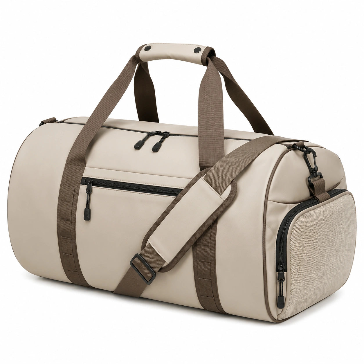Borsone da viaggio 50×25×28 cm in similpelle beige con tracolla e tasche
