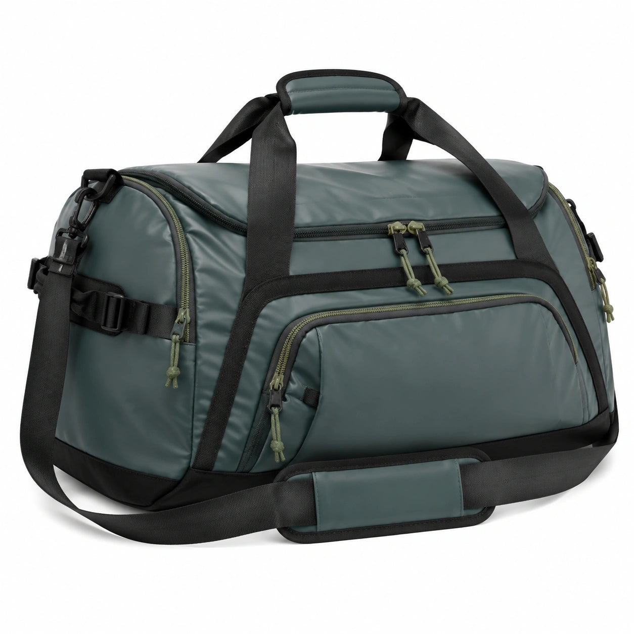 Borsone da viaggio 50 x 25 x 28 cm in tessuto sintetico verde scuro e nero con tracolla regolabile stile sportivo