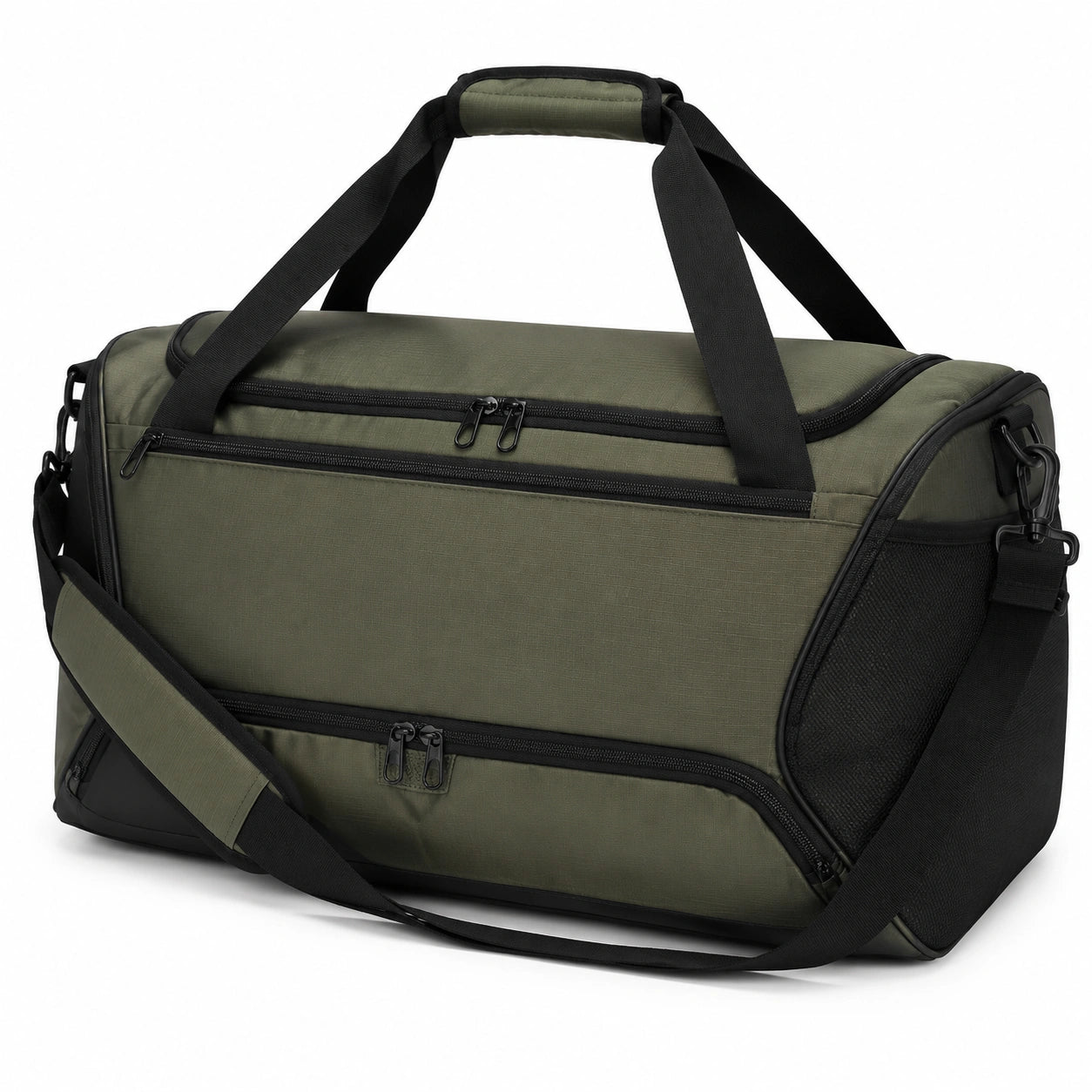 Borsone sportivo 50×25×28 cm in tessuto verde oliva e nero con tracolla regolabile