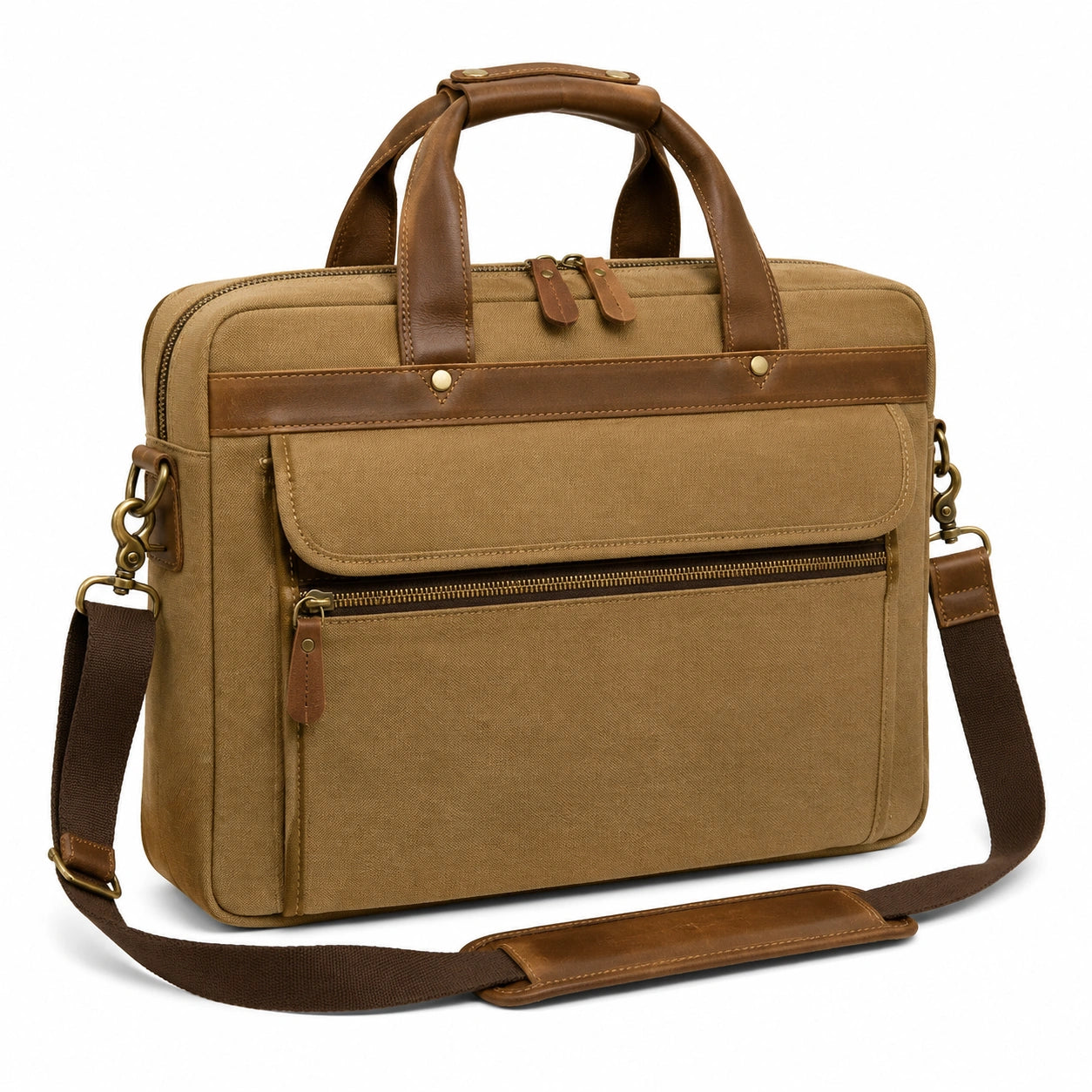 Borsa porta computer 40 x 10 x 30 cm in tela beige con finiture marroni - tracolla e tasche