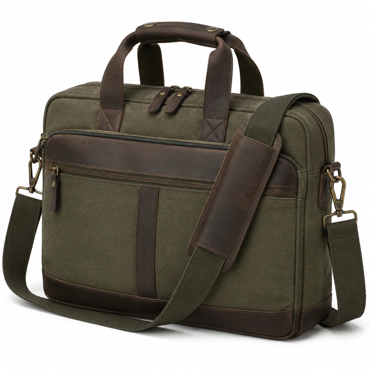 Borsa portadocumenti 42x12x32 cm in tessuto verde oliva e finiture marrone - tracolla regolabile