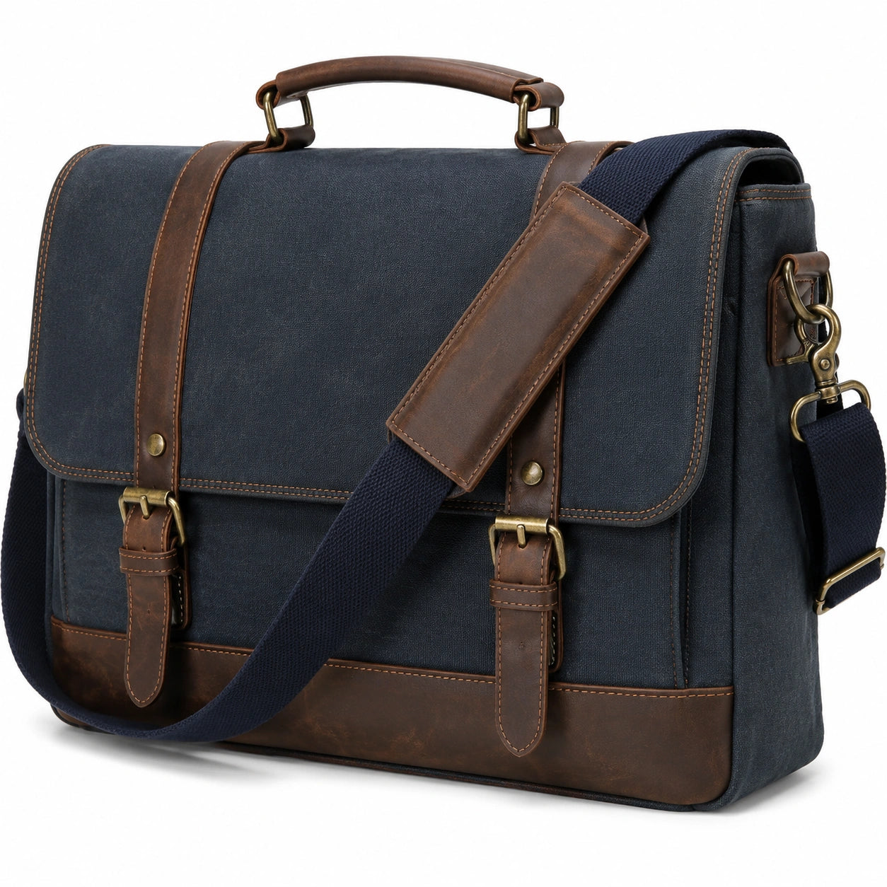 Borsa messenger 40×12×30 cm in tessuto blu navy e similpelle marrone con tracolla regolabile stile vintage
