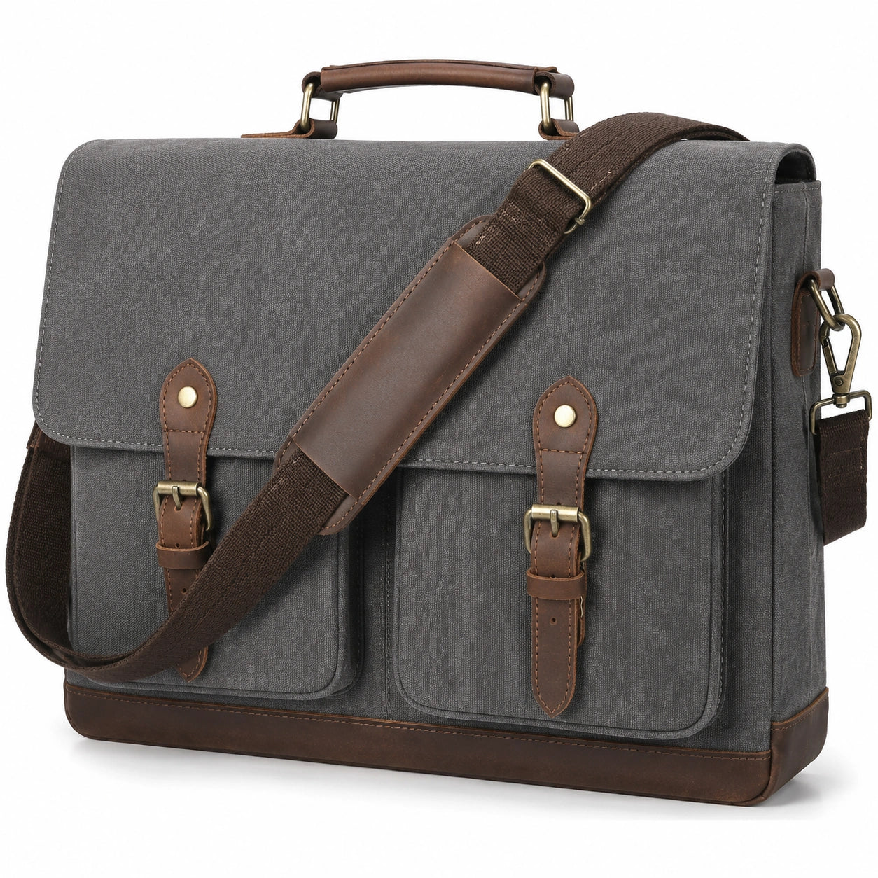 Borsa messenger 40 x 10 x 30 cm in tessuto grigio con dettagli marroni - tracolla regolabile e manico