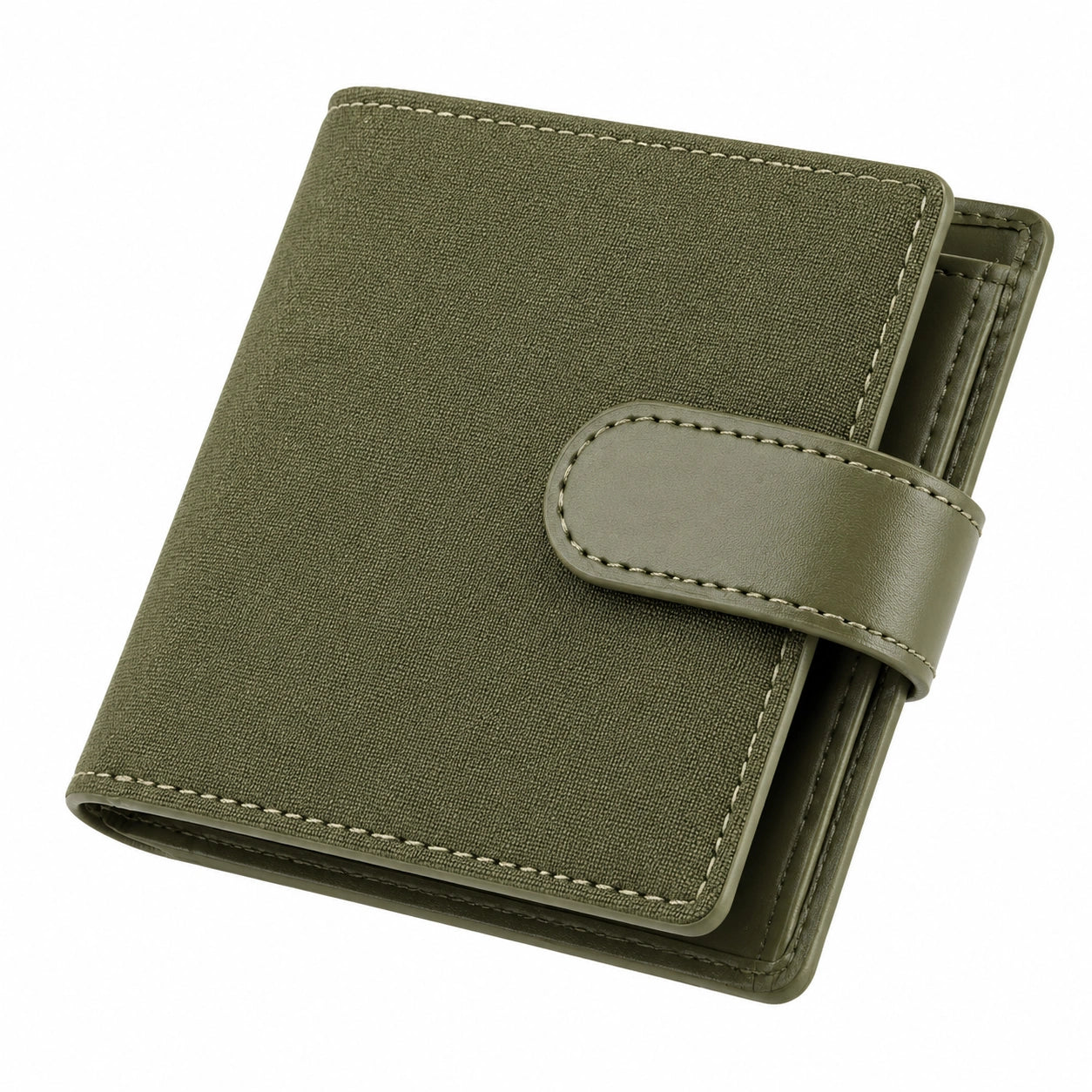 Portafoglio compatto 11 × 9 × 2 cm in materiale sintetico e tessuto verde oliva con chiusura a linguetta