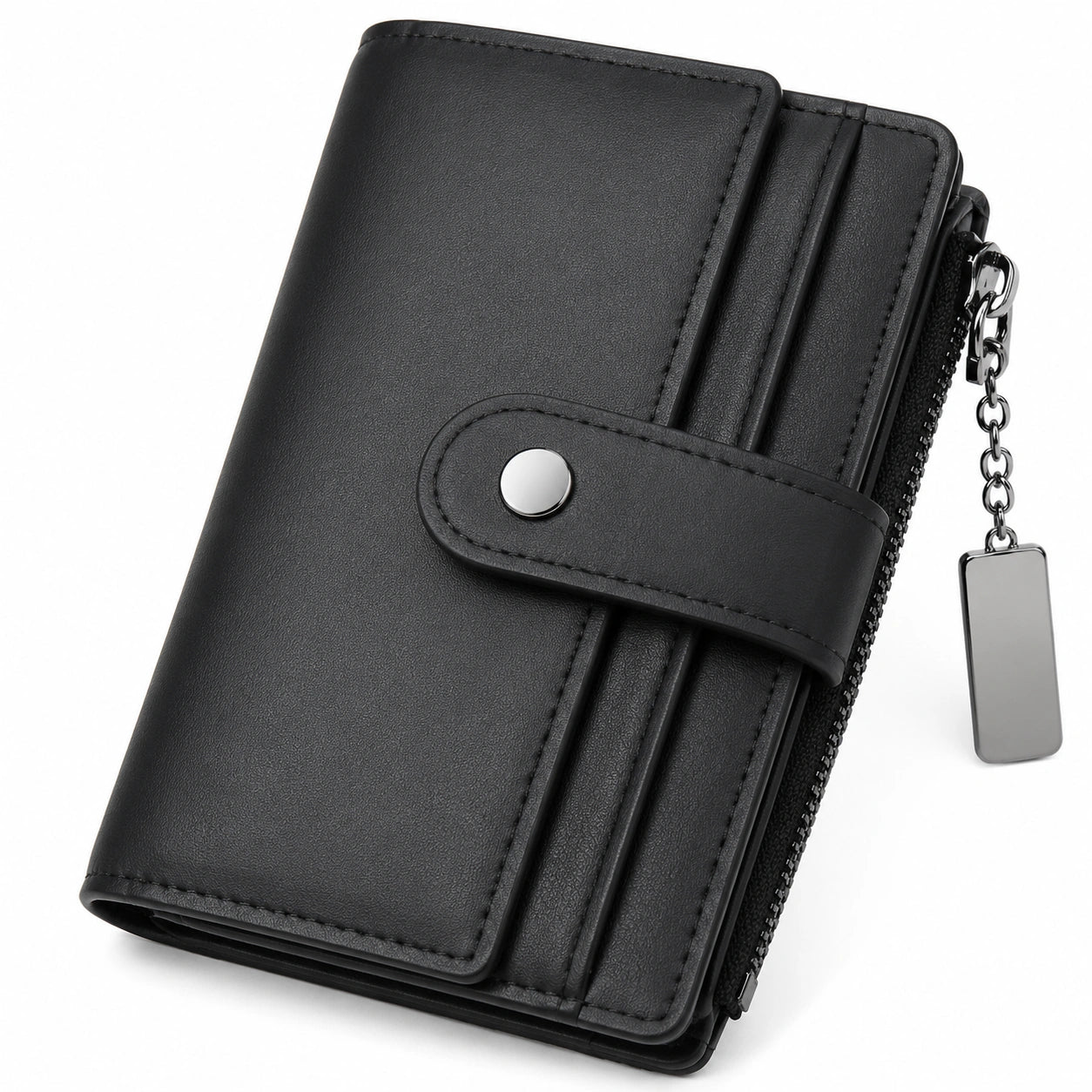 Portafoglio lungo 19 cm x 10 cm x 3 cm in materiale sintetico nero con zip e bottone automatico