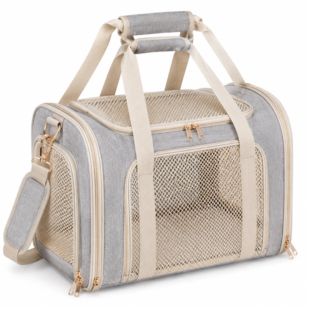 Borsa trasportino per animali 43 x 25 x 30 cm in tessuto grigio e rete beige - ventilata con tracolla