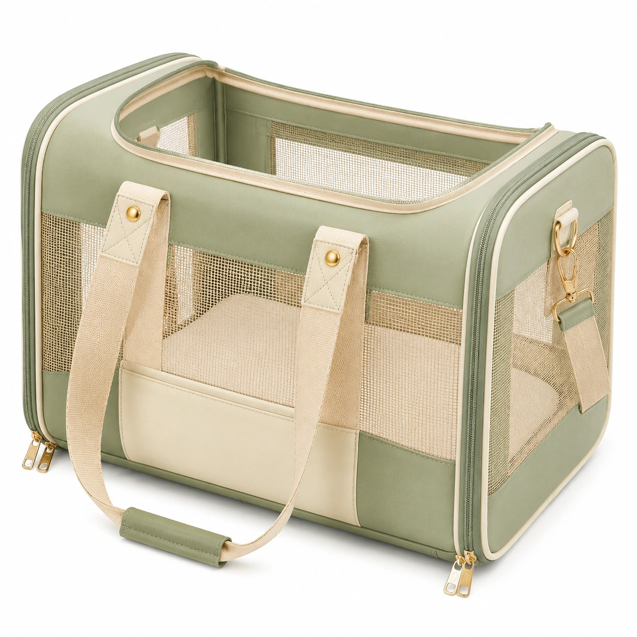 Trasportino per animali 45 x 28 x 28 cm in tessuto verde e beige con rete traspirante e tracolla