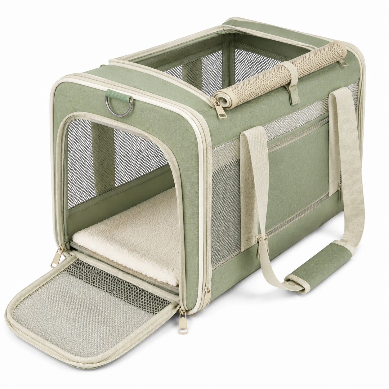 Trasportino per animali 45×28×30 cm in tessuto verde con rete traspirante e tracolla