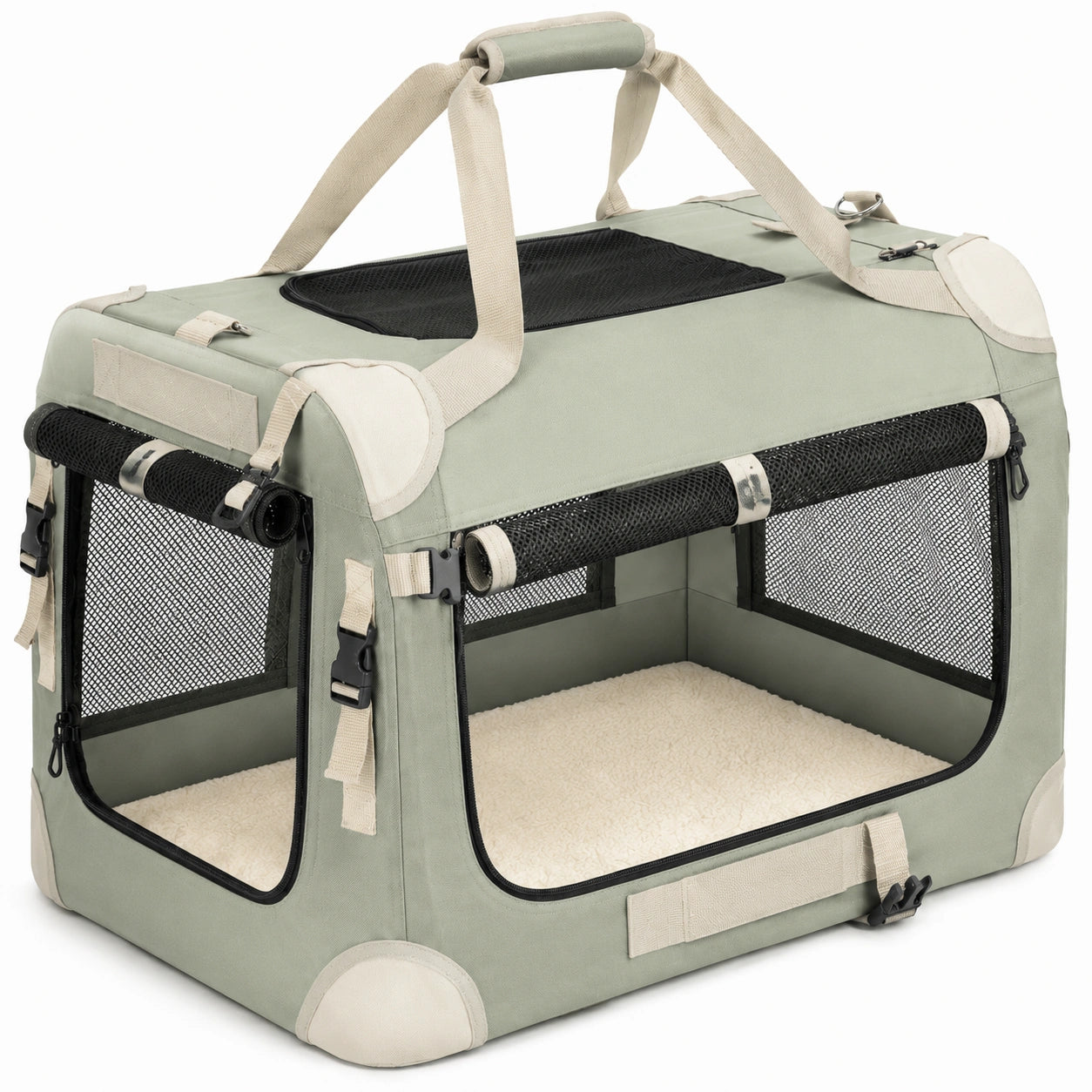 Trasportino per animali 50 x 35 x 35 cm in tessuto verde salvia con rete pieghevole
