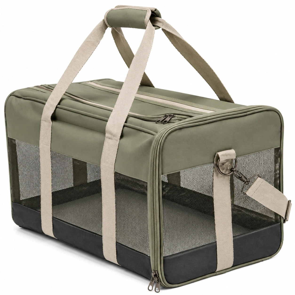 Trasportino per animali 50 x 30 x 30 cm in tessuto verde con rete e tracolla