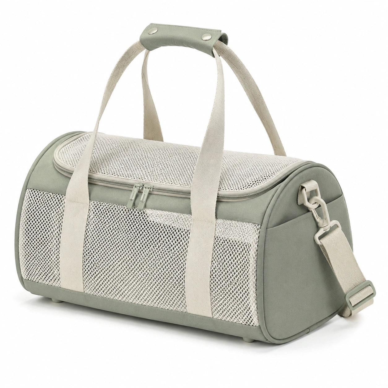 Borsa trasportino per animali 45 x 28 x 30 cm in tessuto verde salvia e rete beige con tracolla regolabile
