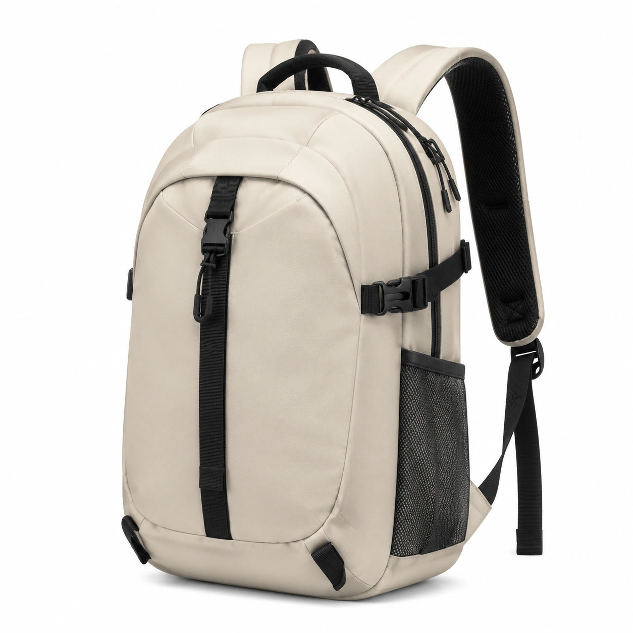 Zaino 30 x 18 x 45 cm in tessuto sintetico beige e nero per viaggio con tasche e spallacci imbottiti