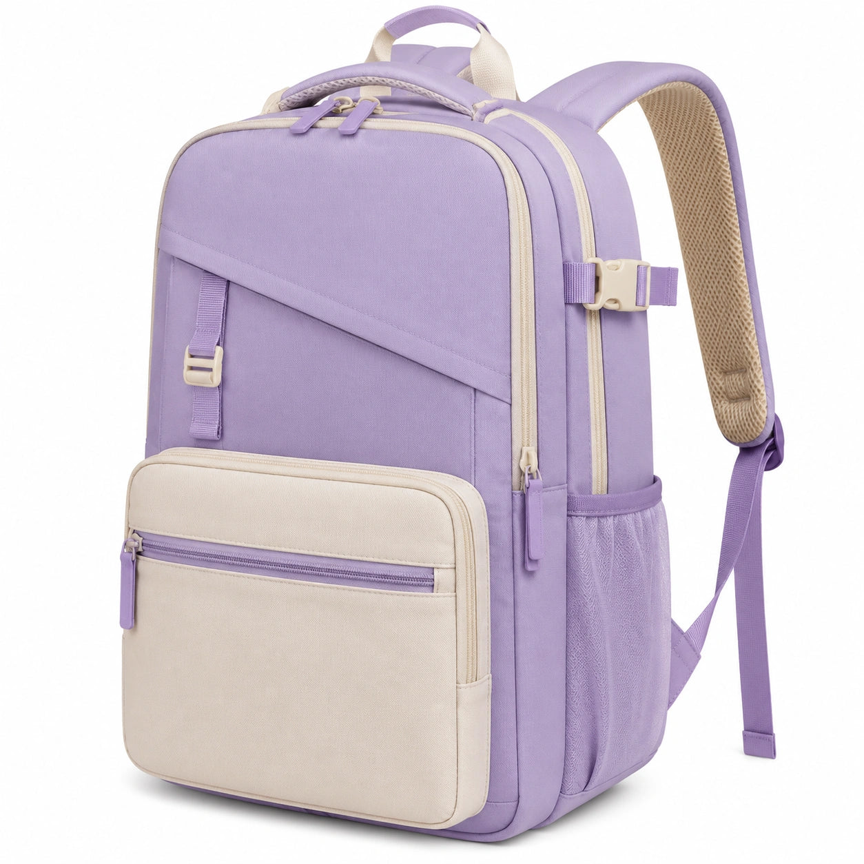 Zaino 32 x 18 x 45 cm in tessuto viola e beige con scomparti multipli per scuola e tempo libero