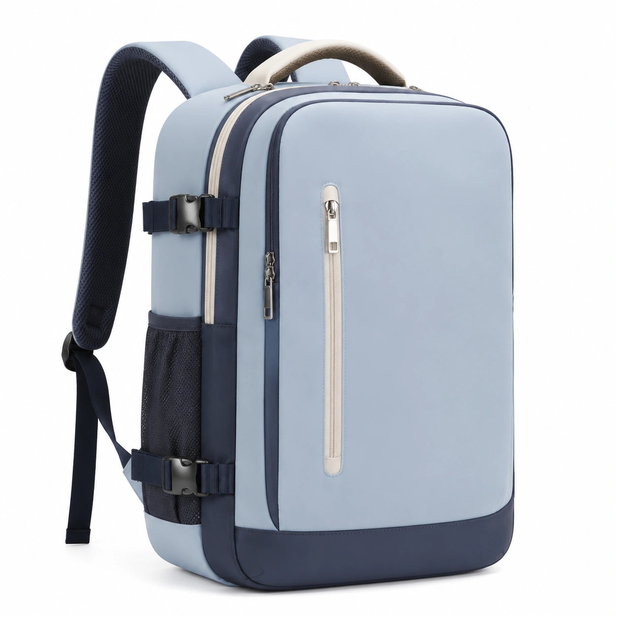 Zaino 32 x 18 x 45 cm in tessuto sintetico azzurro e blu navy per viaggio con tasche multiple